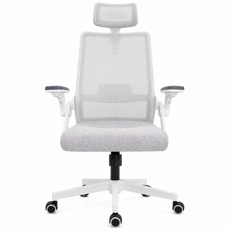 Silla de oficina UP Gamer Essential MSD-221AW, respaldo con soporte lumbar, asiento de espuma moldeada, brazos plegables, gris.
