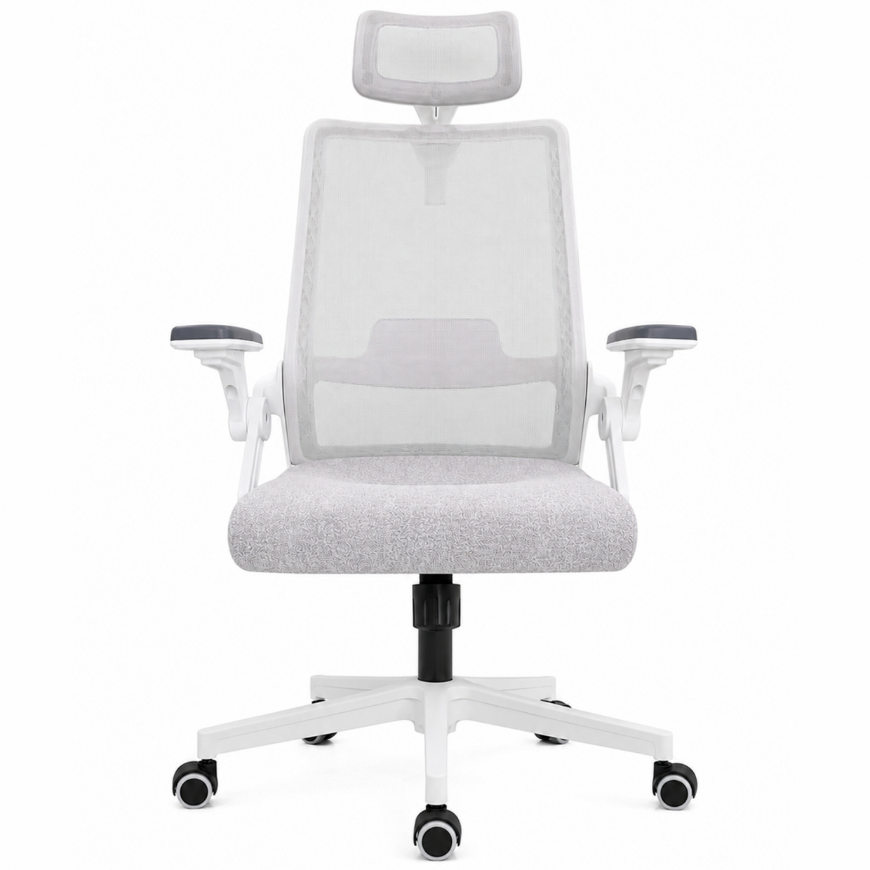Silla de oficina UP Gamer Essential MSD-221AW, respaldo con soporte lumbar, asiento de espuma moldeada, brazos plegables, gris.