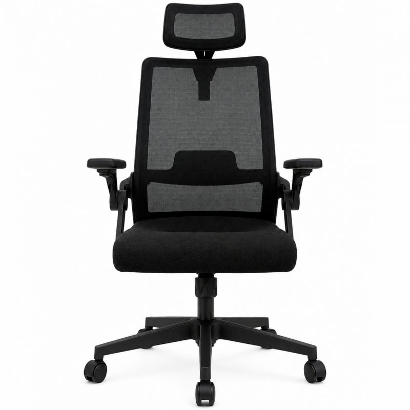 Silla de oficina UP Gamer Essential MSD-221A, respaldo con soporte lumbar, asiento de espuma moldeada, brazos plegables, color negro.